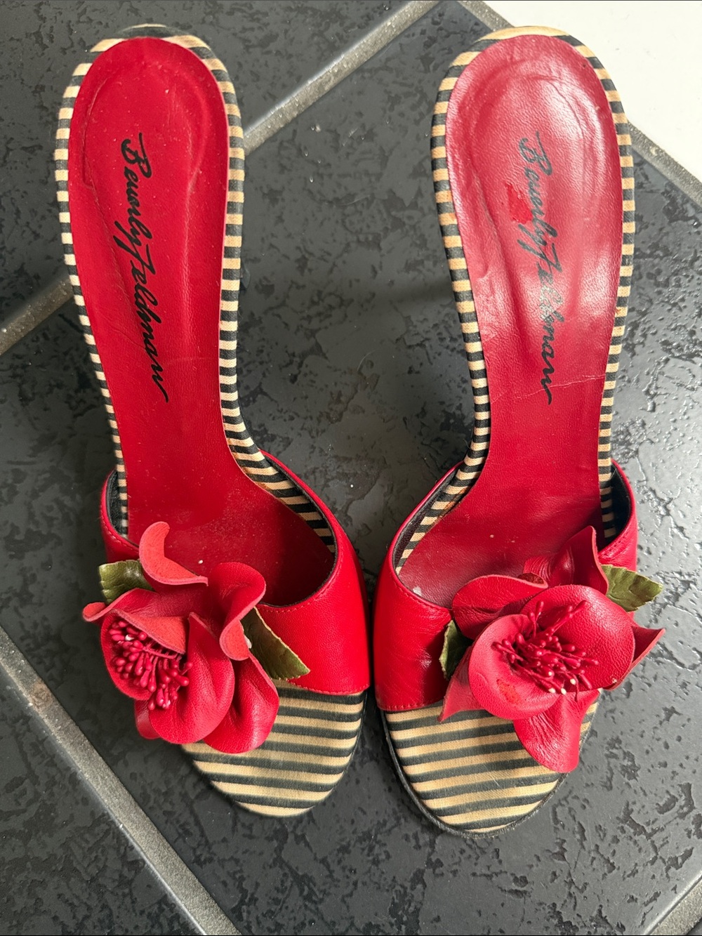Beverly Feldman Red Floral Slip-On Mules with Striped Toe